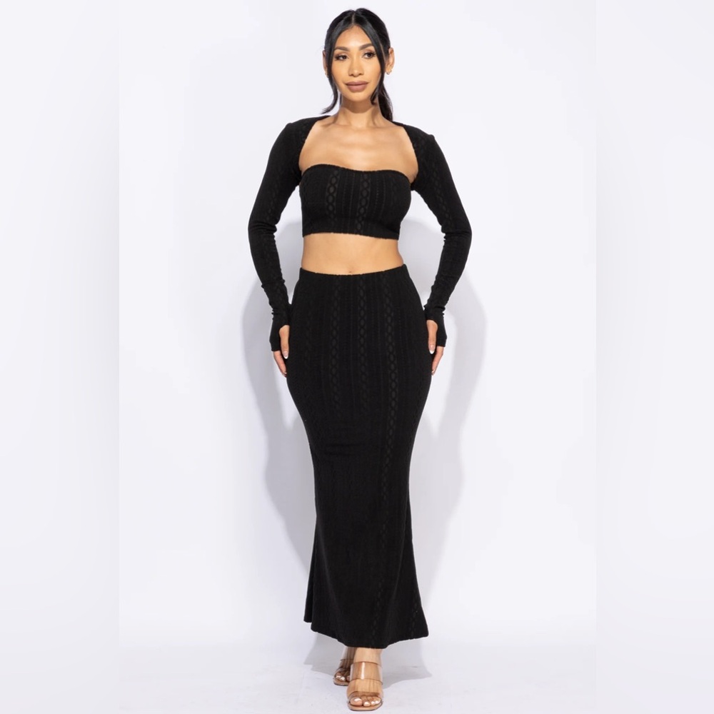 🟠193B. 3 Piece Maxi Skirt, Bolero, and Bandeau Set - Black